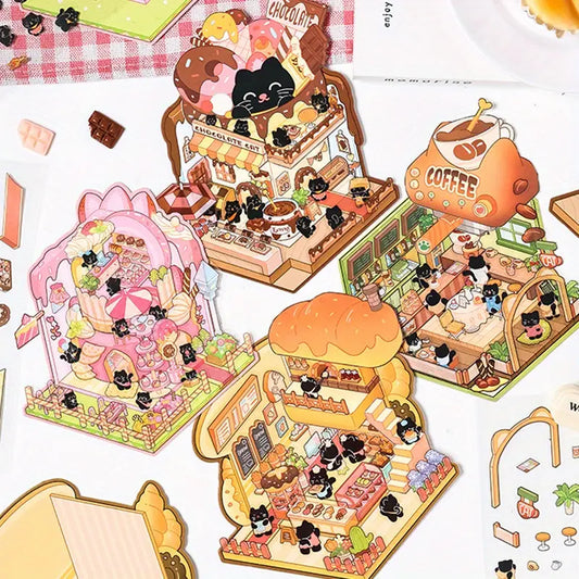 Black Kitty Bakery Coffee Dessert Shop 3D Miniature Landscape Scene Stickers
