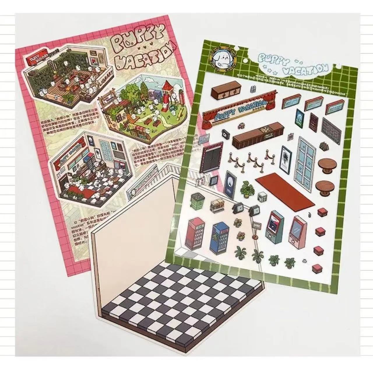 Puppy Sticker Scenes! Create Coffee Shop|Pizzeria|Pasture|Bedroom|Hot Spring|Magic House