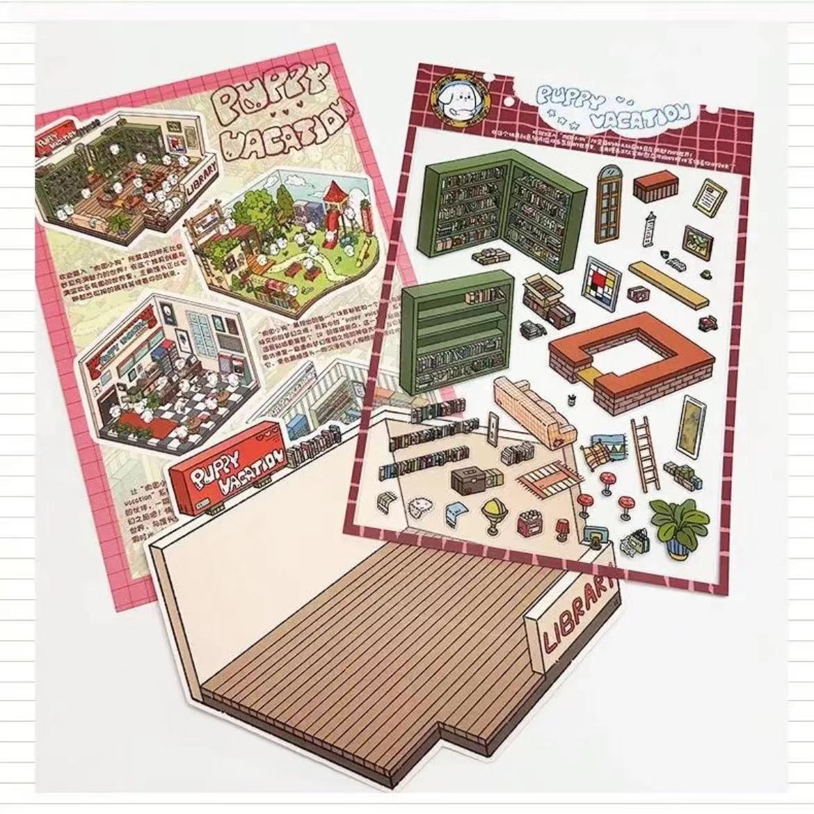 Puppy Sticker Scenes! Create Coffee Shop|Pizzeria|Pasture|Bedroom|Hot Spring|Magic House