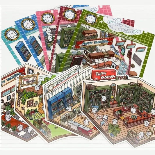 Puppy Sticker Scenes! Create Coffee Shop|Pizzeria|Pasture|Bedroom|Hot Spring|Magic House