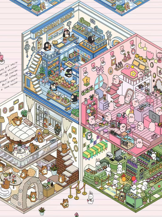 3D Sticker Scene, DIY Pink Hut|Coffee Cat Loft|Penguin Ice Cream|Bunny Store