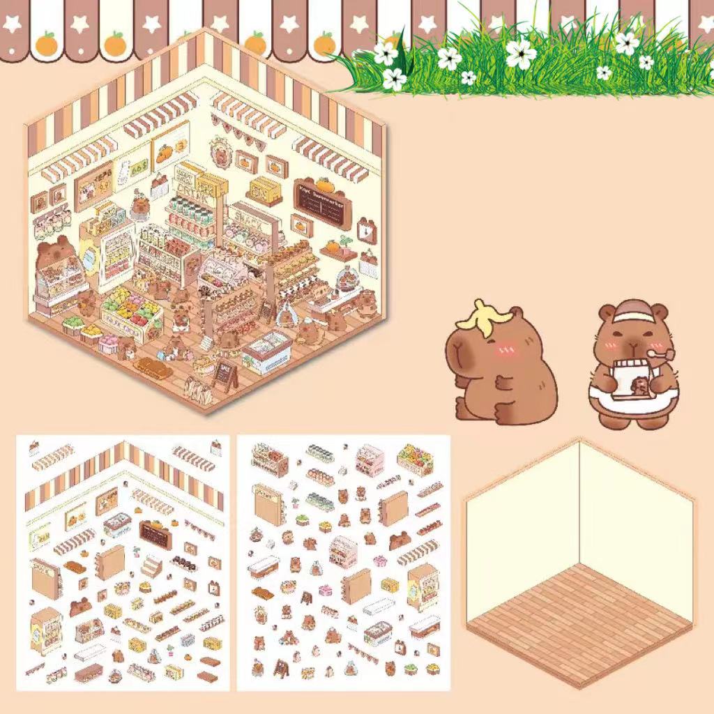 Capybara Supermarket Pink Pony House Bear Bakery Puppy Restaurant Sticker Scene