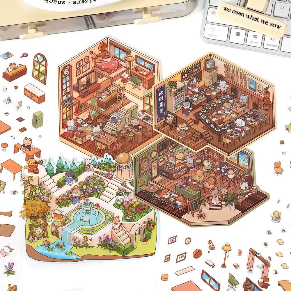 Sticker Scenes! Sunshine Greenhouse|Cat Cafe|Bakery|Library
