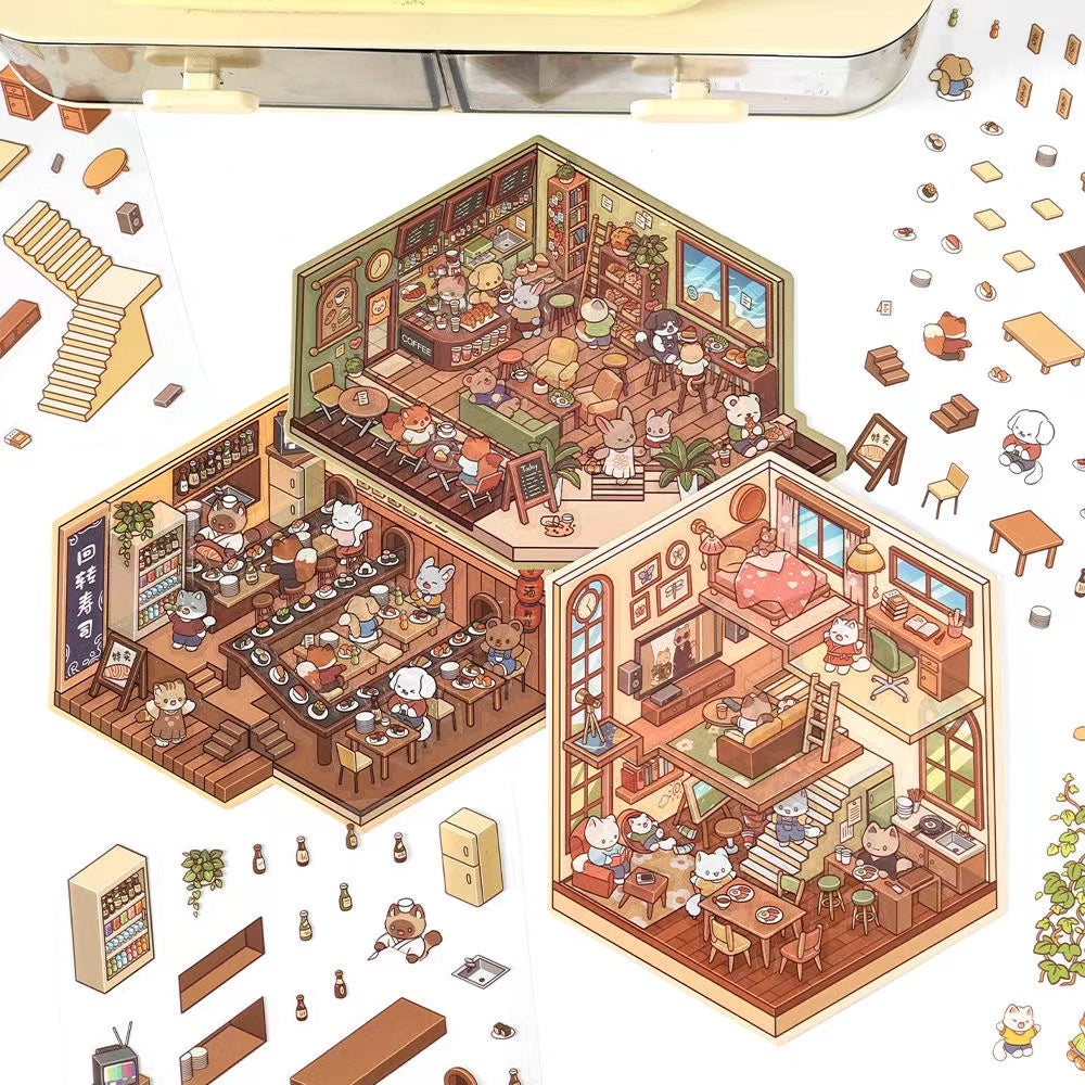 Sticker Scenes! Sunshine Greenhouse|Cat Cafe|Bakery|Library