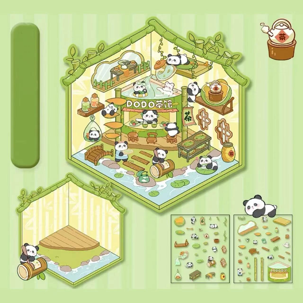 DIY 3D Sticker Scene: Panda Tea House Amusement Park Hot Spring Magic House