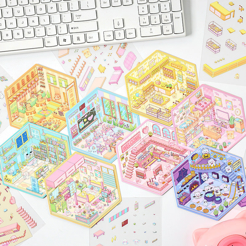 3D House Sticker Scene,DIY Sheep Hut Raccoon Noddle Rabbit Class Dogs Bookstore Devil Cat