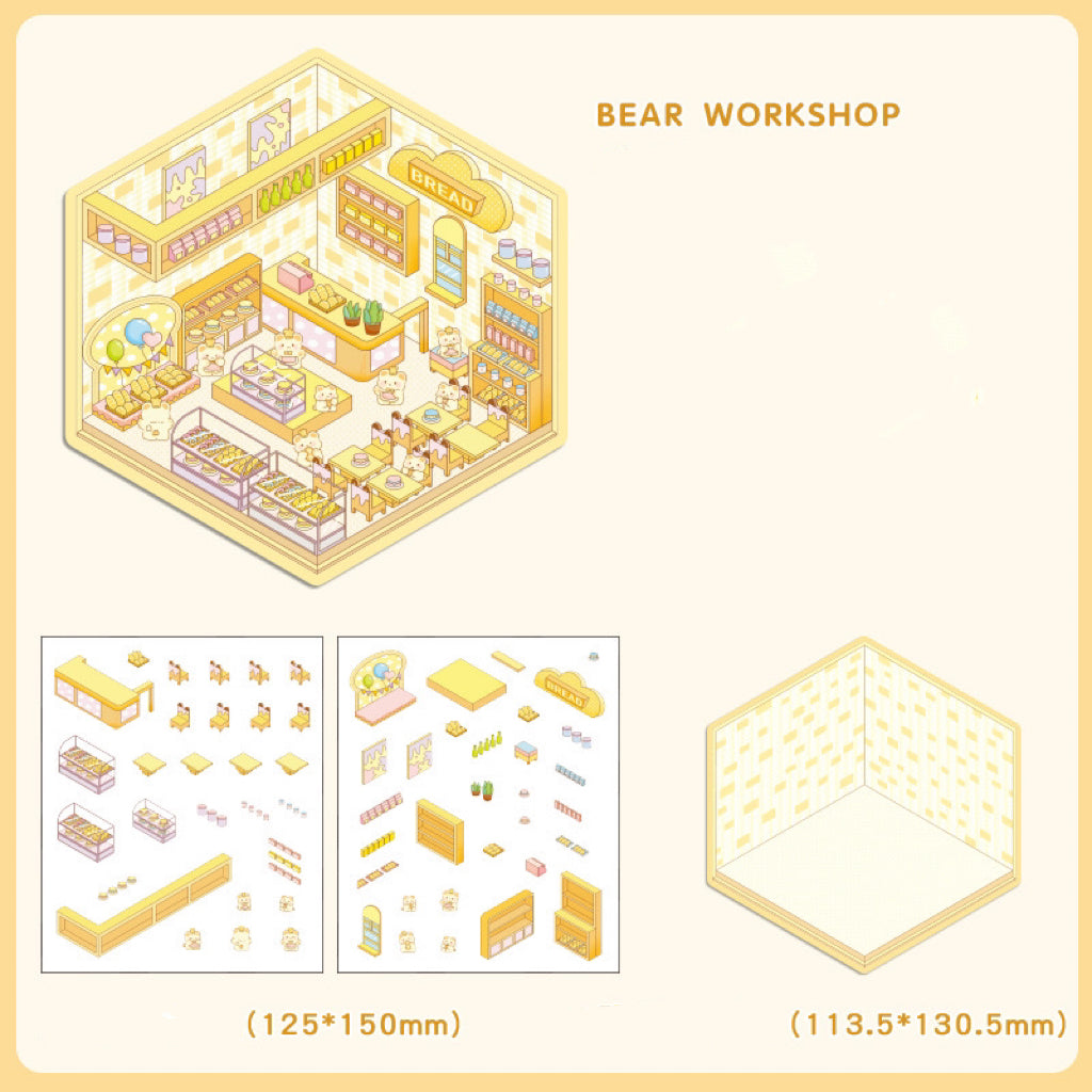 3D House Sticker Scene,DIY Sheep Hut Raccoon Noddle Rabbit Class Dogs Bookstore Devil Cat