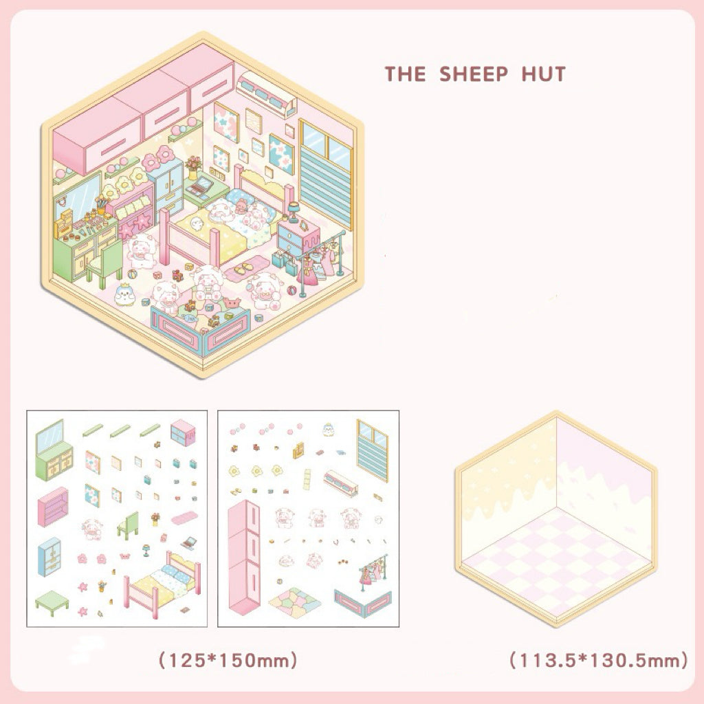 3D House Sticker Scene,DIY Sheep Hut Raccoon Noddle Rabbit Class Dogs Bookstore Devil Cat