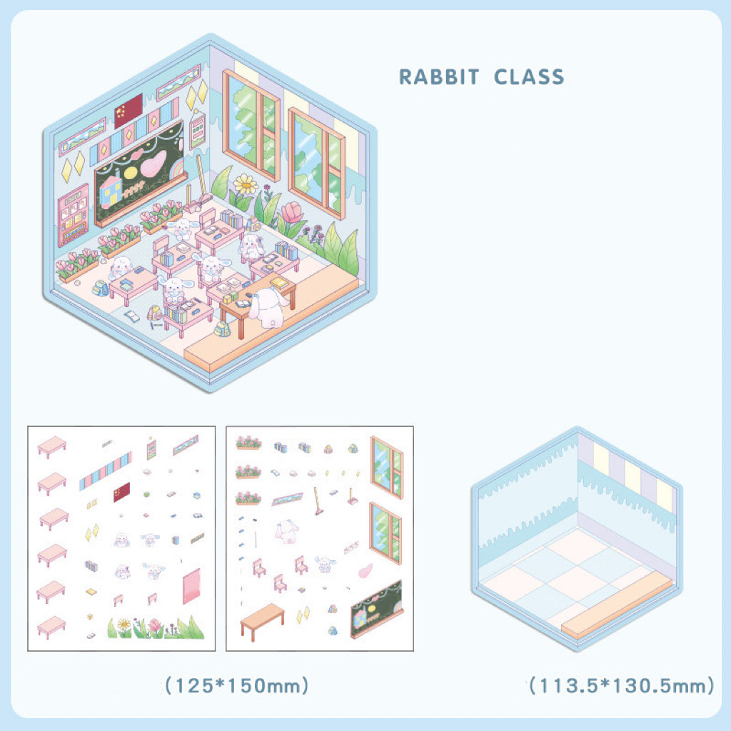 3D House Sticker Scene,DIY Sheep Hut Raccoon Noddle Rabbit Class Dogs Bookstore Devil Cat