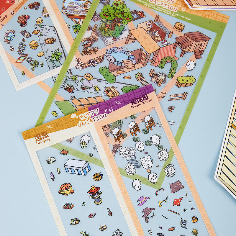 Puppy Sticker Scenes! Create Coffee Shop|Pizzeria|Pasture|Bedroom|Hot Spring|Magic House
