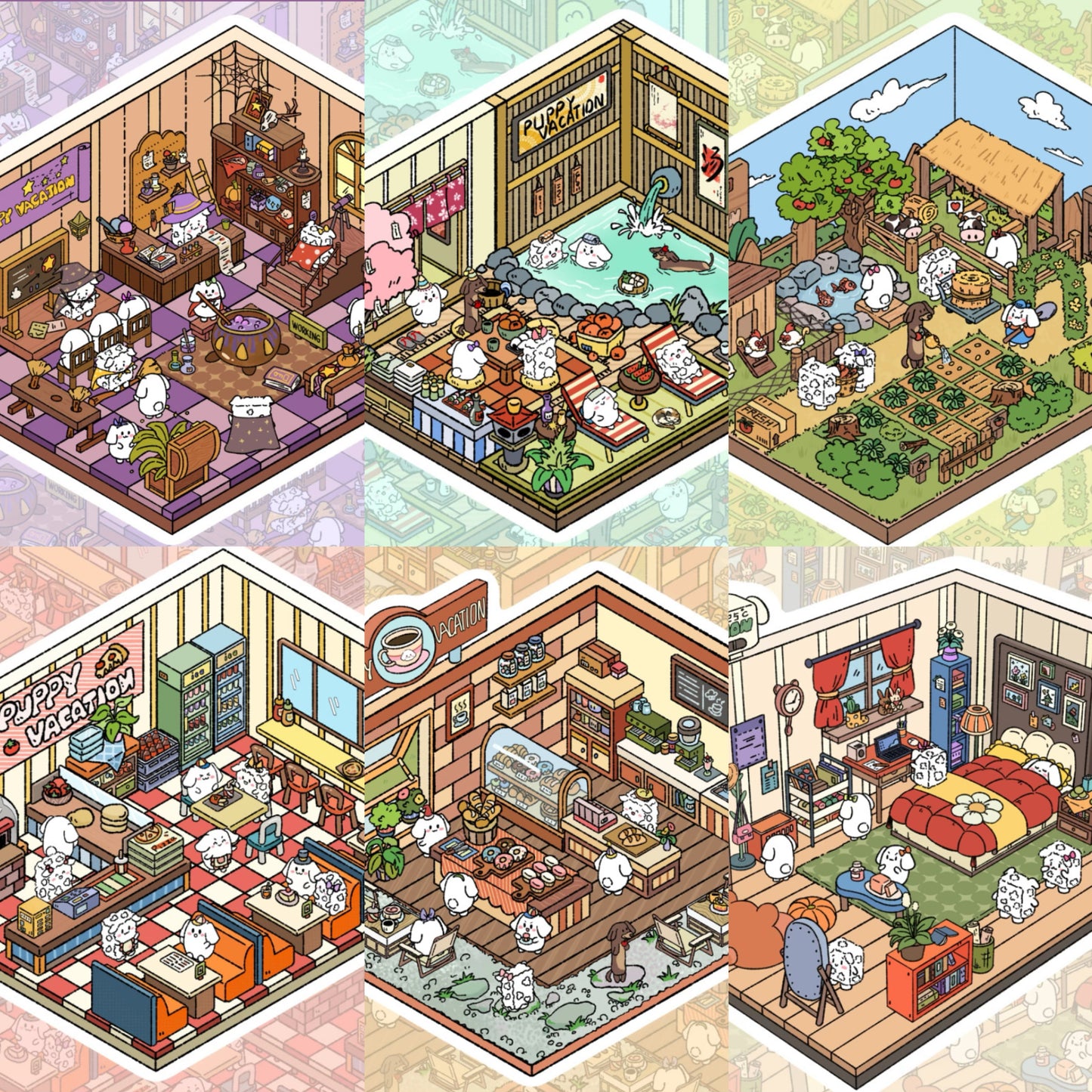 Puppy Sticker Scenes! Create Coffee Shop|Pizzeria|Pasture|Bedroom|Hot Spring|Magic House