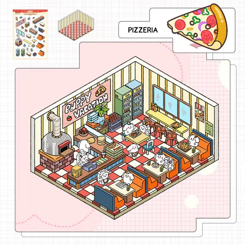 Puppy Sticker Scenes! Create Coffee Shop|Pizzeria|Pasture|Bedroom|Hot Spring|Magic House