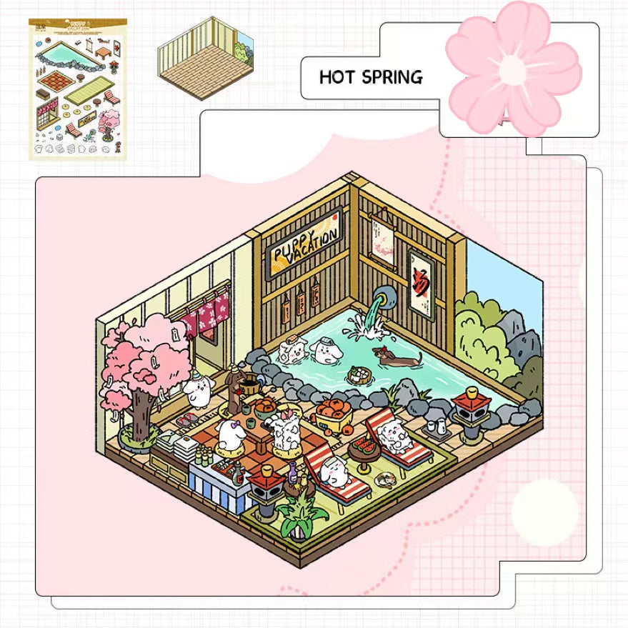 Puppy Sticker Scenes! Create Coffee Shop|Pizzeria|Pasture|Bedroom|Hot Spring|Magic House