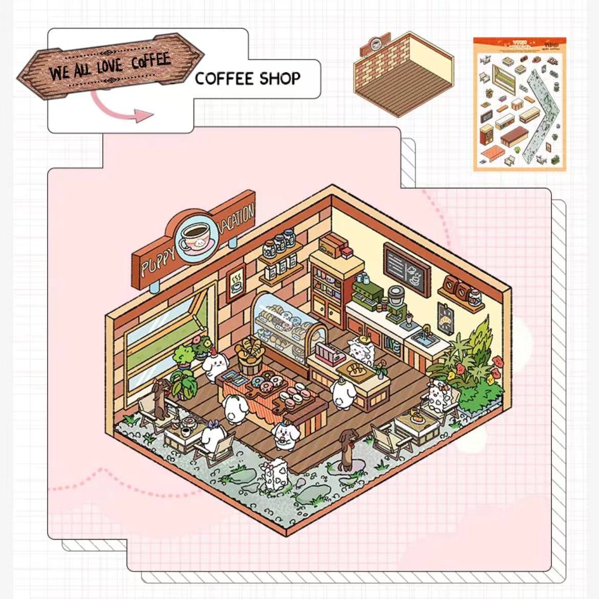 Puppy Sticker Scenes! Create Coffee Shop|Pizzeria|Pasture|Bedroom|Hot Spring|Magic House