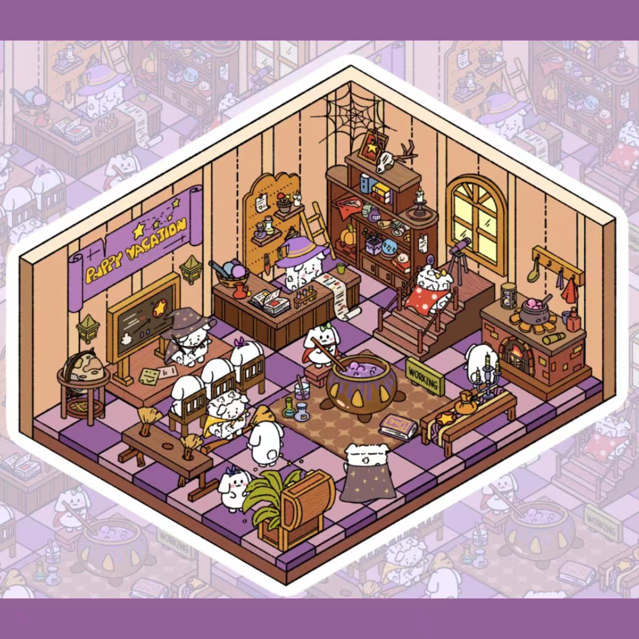 Puppy Sticker Scenes! Create Coffee Shop|Pizzeria|Pasture|Bedroom|Hot Spring|Magic House