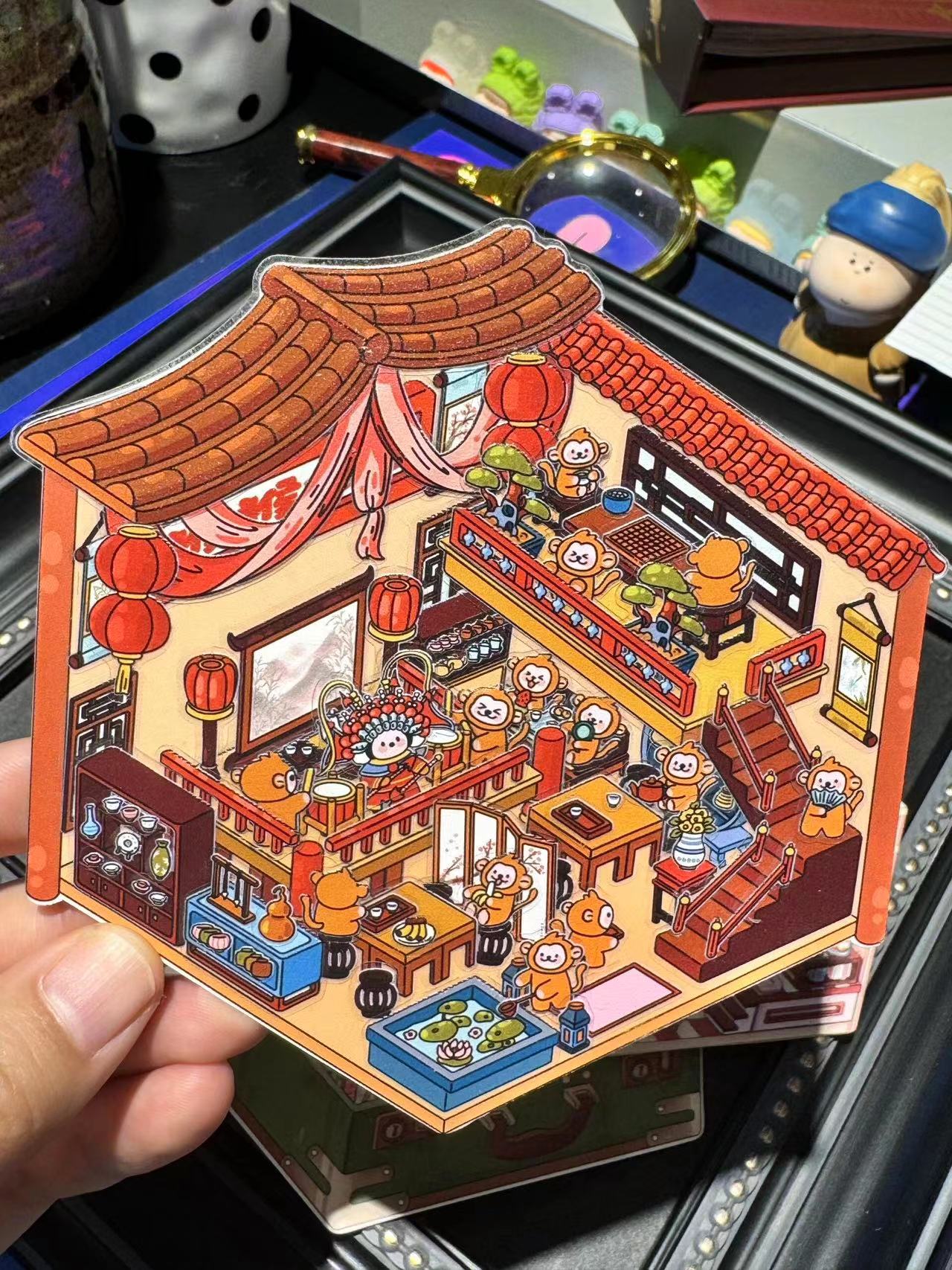DIY Miniature Sticker Scene,Circus Puppy Cake Shop Monkey Theater Time Travel Suitcase