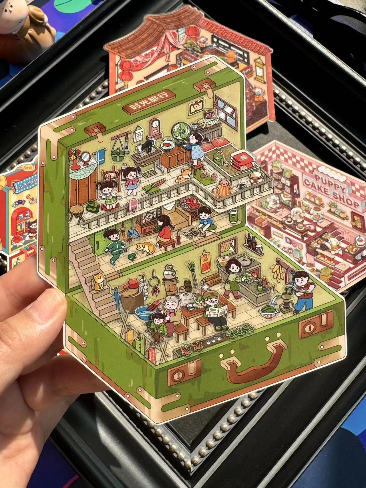 DIY Miniature Sticker Scene,Circus Puppy Cake Shop Monkey Theater Time Travel Suitcase