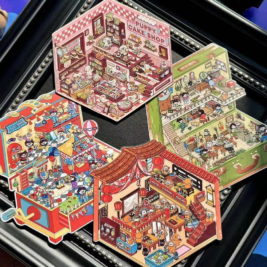 DIY Miniature Sticker Scene,Circus Puppy Cake Shop Monkey Theater Time Travel Suitcase