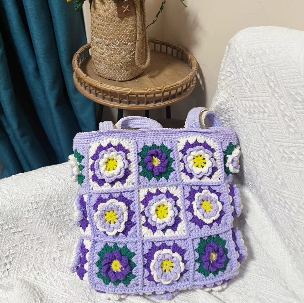 Purple Crochet Bag Handmade Granny Square Shoulder Bag