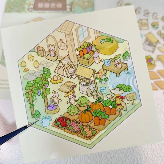 DIY Miniature Sticker Scene,Cat Farm|Outdoor Afternoon Tea|Jungle Tribe|Temple Fair