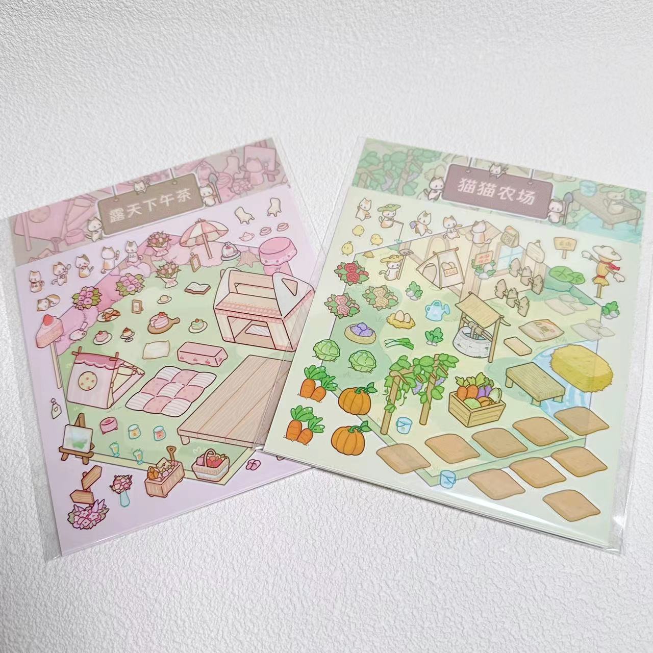 DIY Miniature Sticker Scene,Cat Burger Shop|Ferris Wheel Sushi|Hot Spring|Pizza Shop
