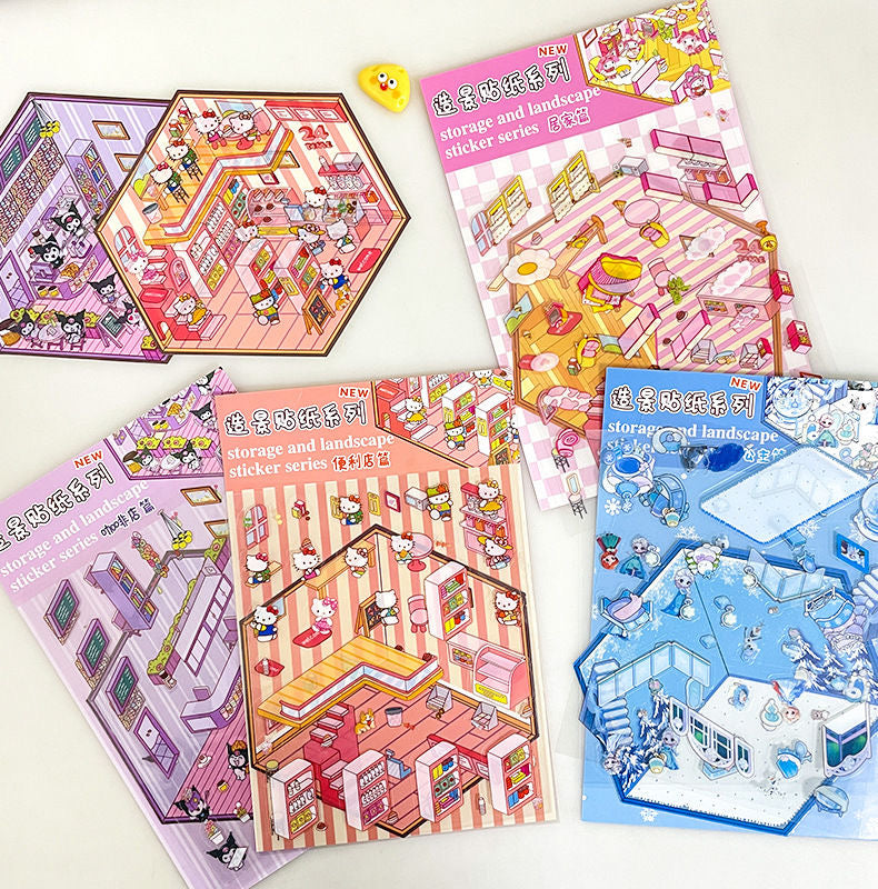 Kawaii Stickers Scene,DIY 3D Coffee Shop Pink Room Frozen