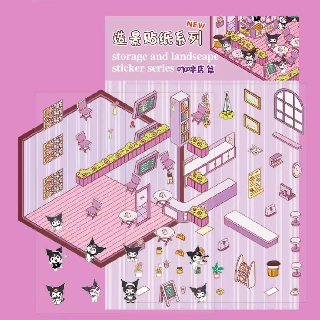 Kawaii Stickers Scene,DIY 3D Coffee Shop Pink Room Frozen