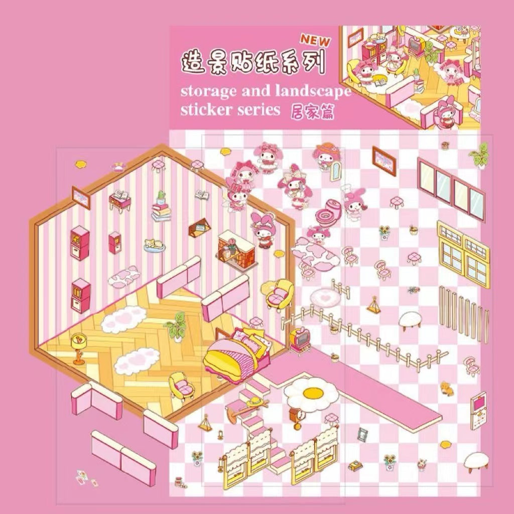 Kawaii Stickers Scene,DIY 3D Coffee Shop Pink Room Frozen