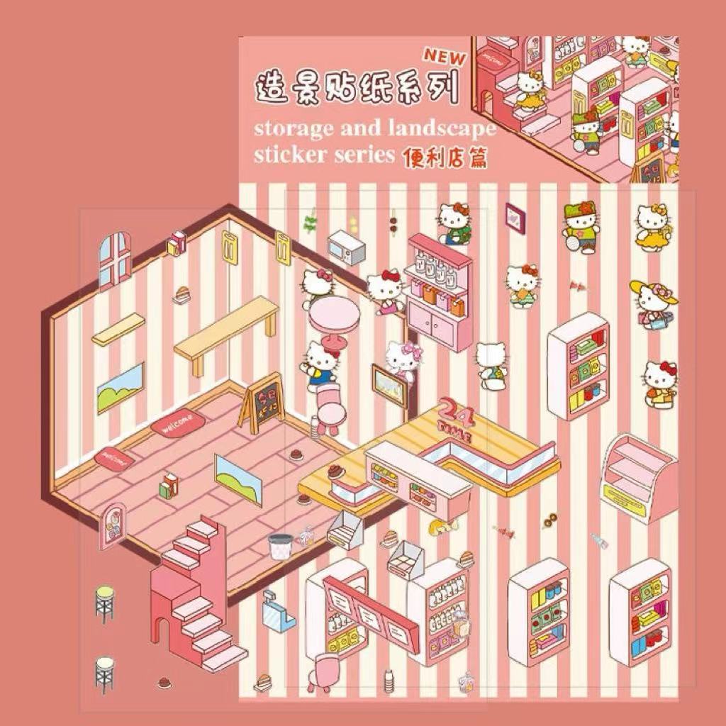 Kawaii Stickers Scene,DIY 3D Coffee Shop Pink Room Frozen