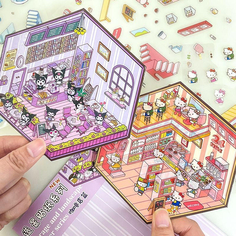 Kawaii Stickers Scene,DIY 3D Coffee Shop Pink Room Frozen