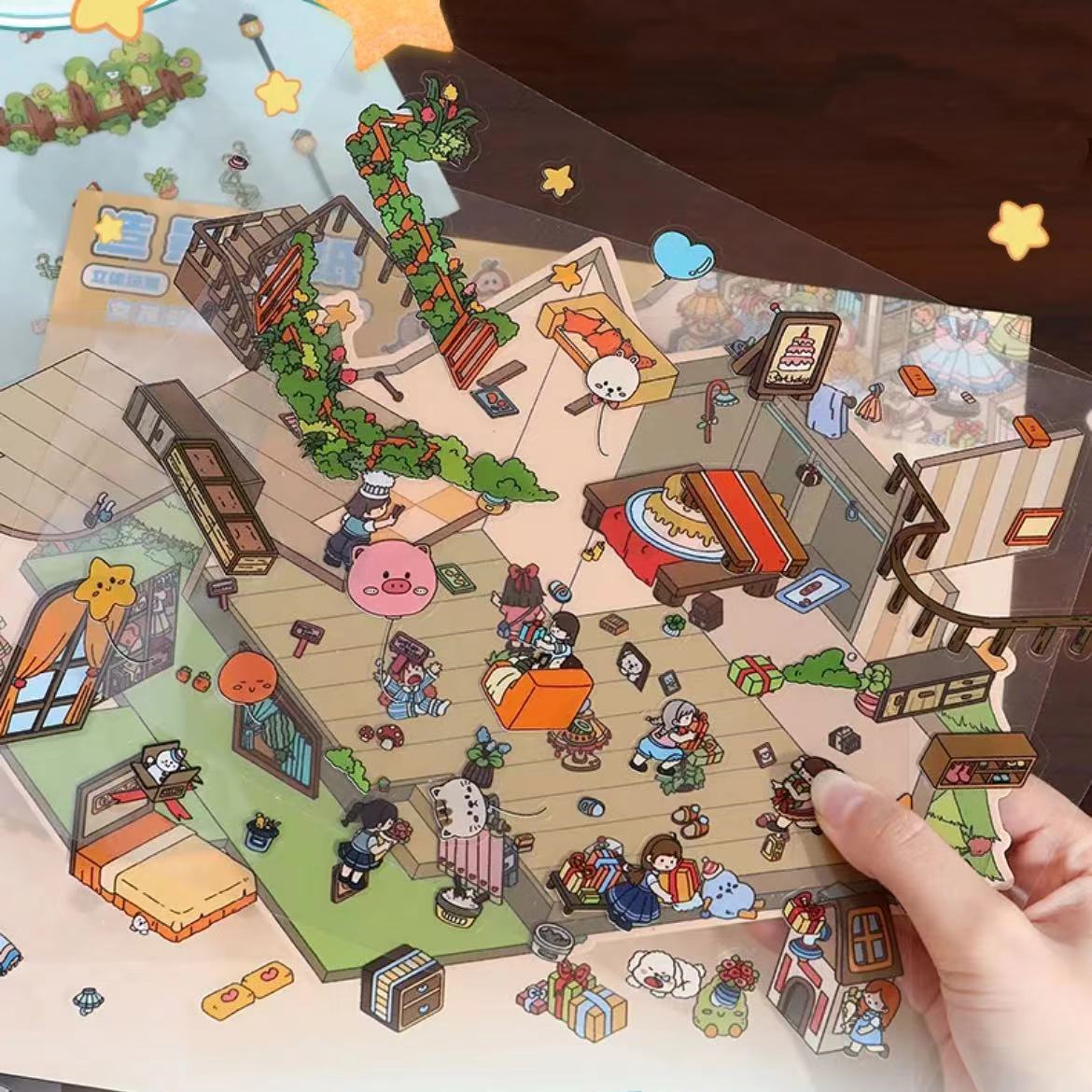 DIY Big Sticker Scene! 3D Panda Villa Girls House Wooden House Friendship House