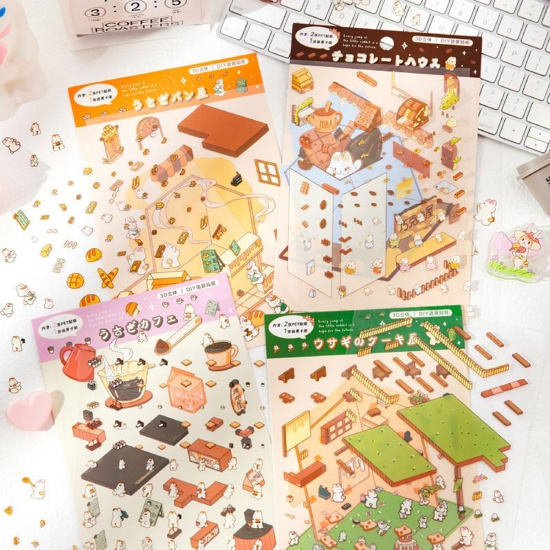 3D Sticker Scene,Make Bunny Coffee Shop Chocolate House Cake Bread Shop