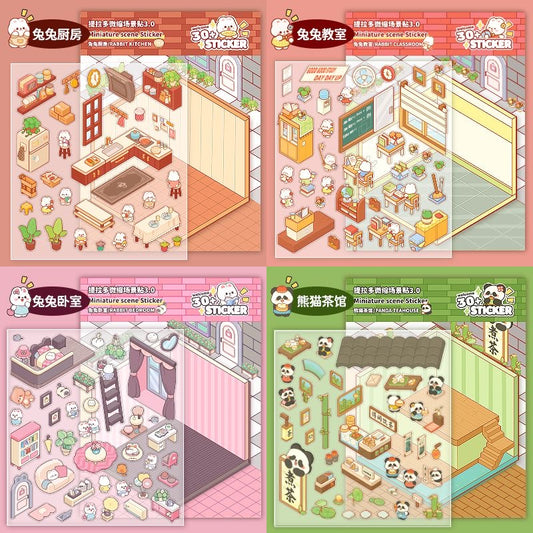 Stickers Scene, Make Cute Rabbit Dessert Shop|Panda Tea House|Bookstore|Burger Shop