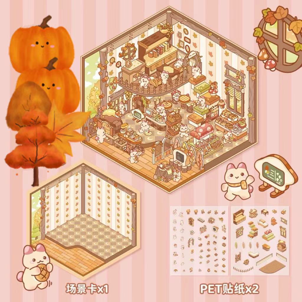 3D House Sticker Sheet, DIY Boutique Dressmaker Workshop Autumn Bakery Flower Shop