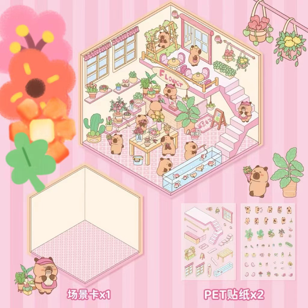 3D House Sticker Sheet, DIY Boutique Dressmaker Workshop Autumn Bakery Flower Shop