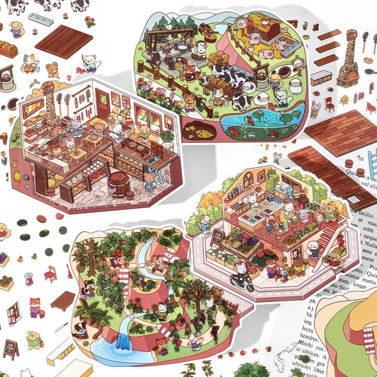Sticker Scenes! Sunshine Greenhouse|Cat Cafe|Bakery|Library