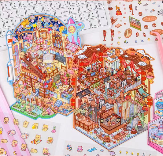 Capybara Theater Science Museum Ski Resort Aquarium 3D Miniature Scene Sticker Sheet