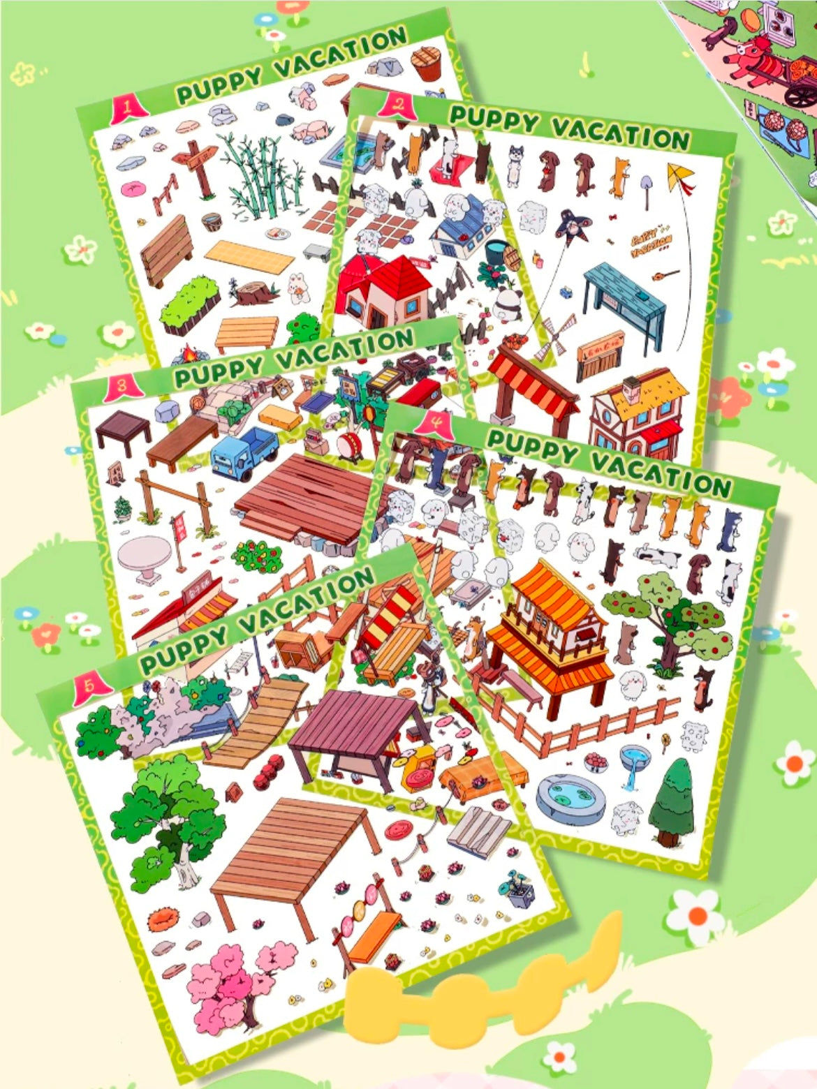 Puppy Sticker Scenes! Create Coffee Shop|Pizzeria|Pasture|Bedroom|Hot Spring|Magic House