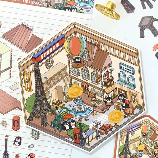 Penguins on Journey, DIY Eiffel Tower Leaning Tower of Pisa Pyramids of Egypt Venice