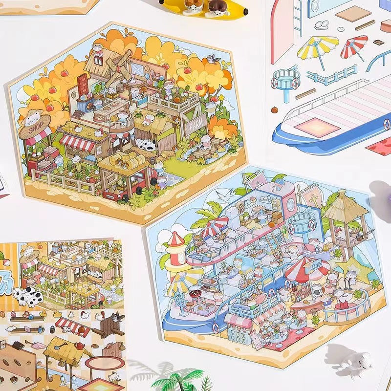 3D Sticker Scene DIY Cat Farm Forest Book Bar Yacht Party Amusement Park