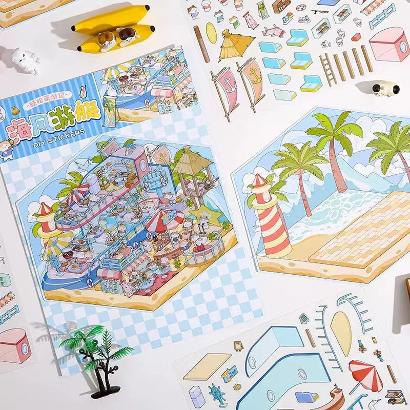 3D Sticker Scene DIY Cat Farm Forest Book Bar Yacht Party Amusement Park