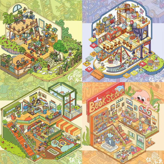 3D Sticker Scene Make Panda Train Cruise Bunny Flower Shop Aerogame Warehouse