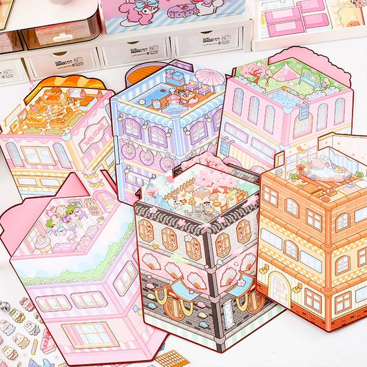 Create 3D Triple-Fold House Stickers Capybara Hot Spring Gourmet Hut Panda Courtyard