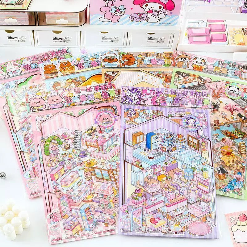 Create 3D Triple-Fold House Stickers Capybara Hot Spring Gourmet Hut Panda Courtyard