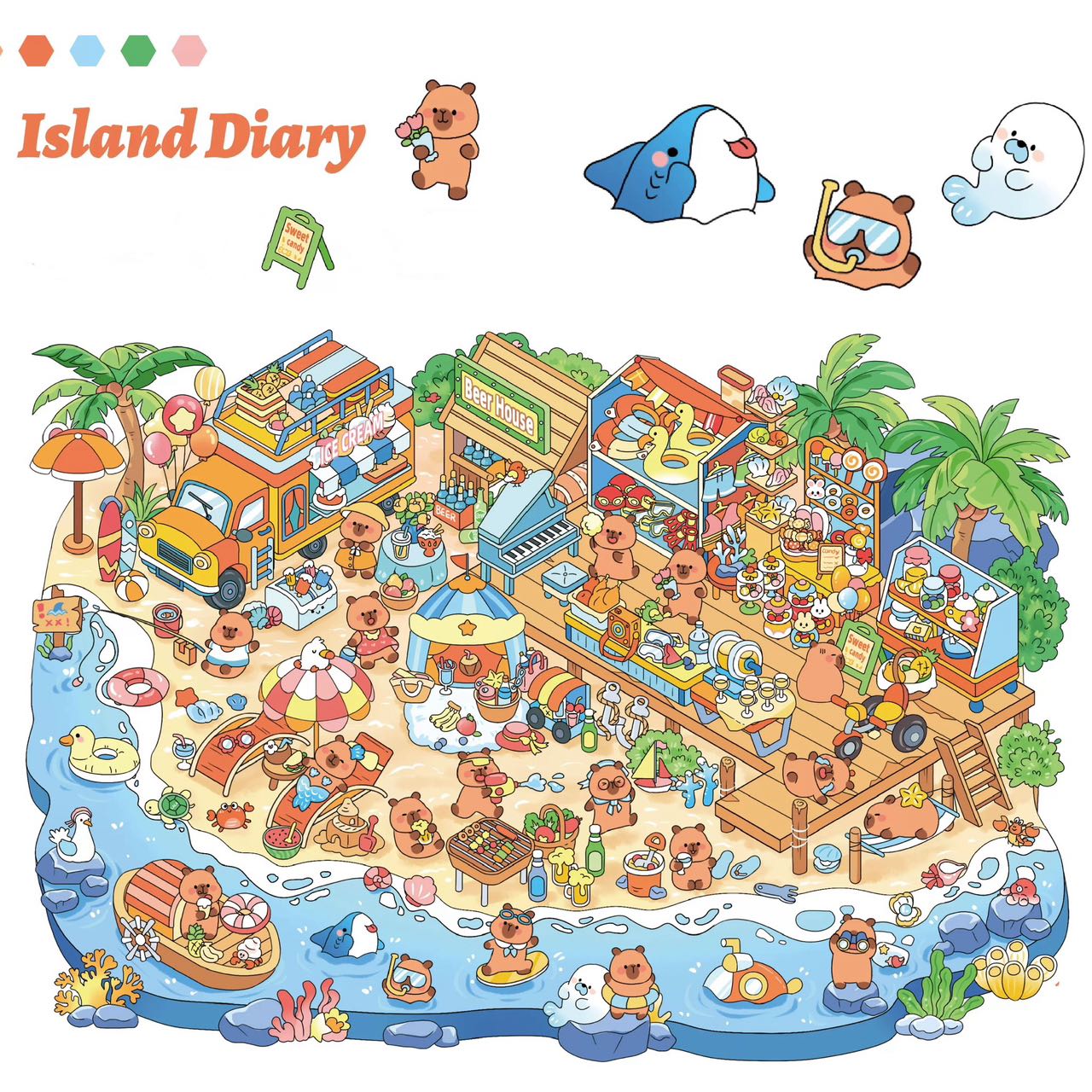 Big Size Capybara Island Diary Dog Car Wash Vintage Tailor Shop 3D Sticker Scene