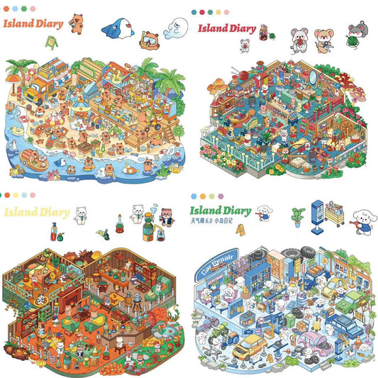 Big Size Capybara Island Diary Dog Car Wash Vintage Tailor Shop 3D Sticker Scene