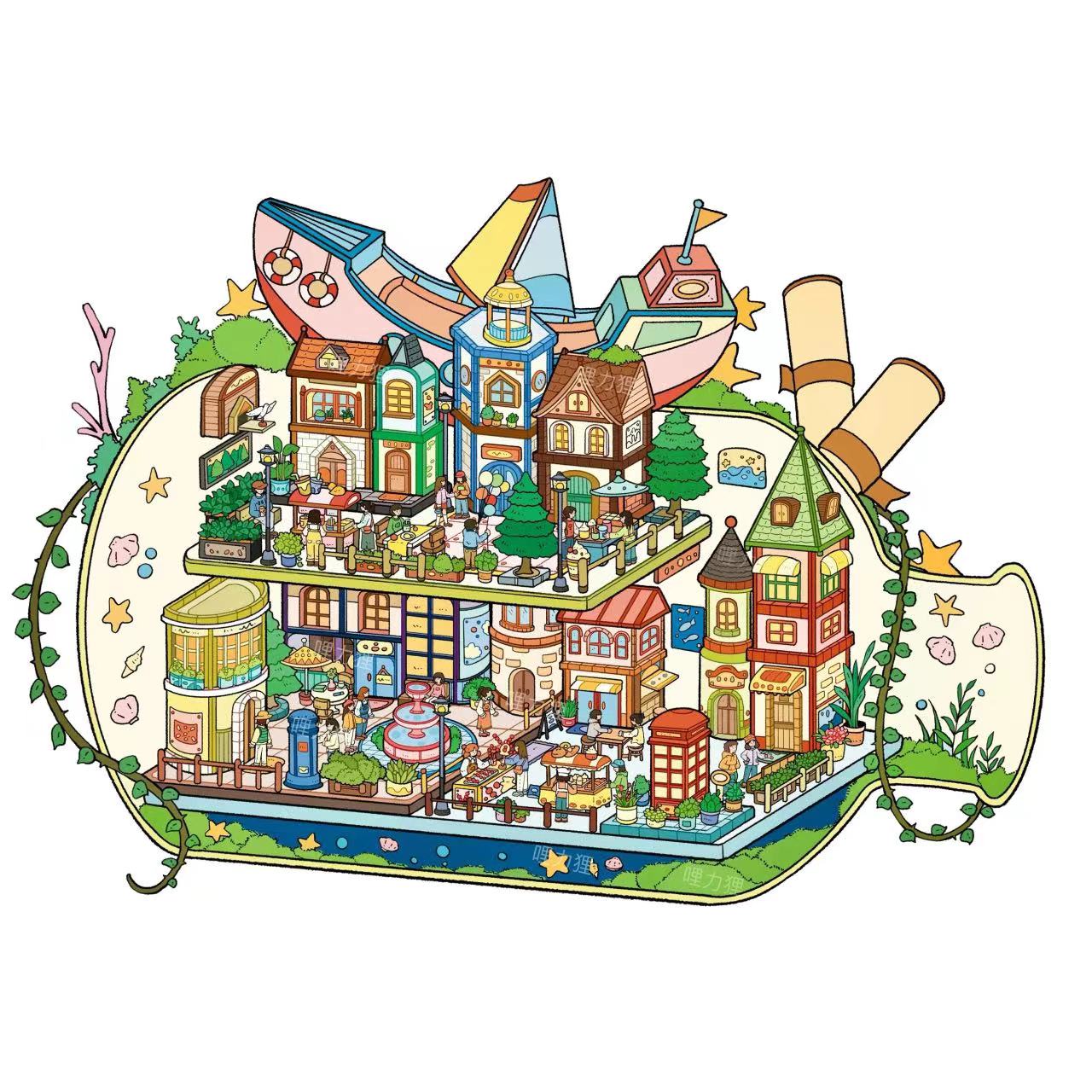 3D Sticker Scene DIY Puppy Ice Cream Factory Drift Bottle Village Apple Juice Factory