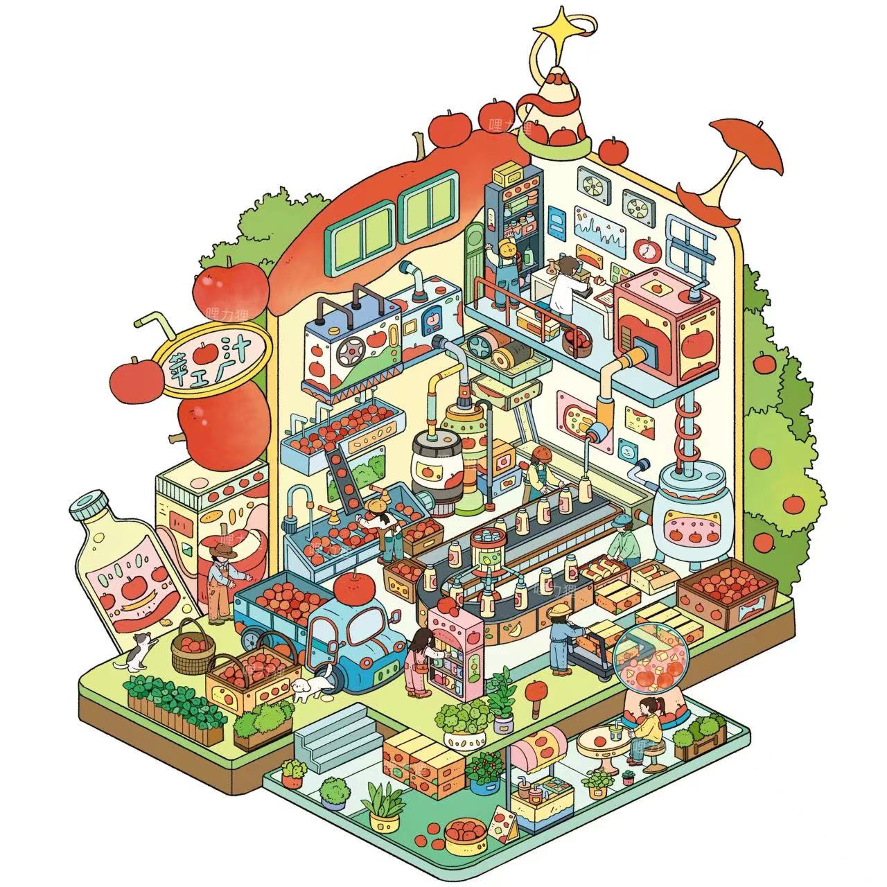 3D Sticker Scene DIY Puppy Ice Cream Factory Drift Bottle Village Apple Juice Factory
