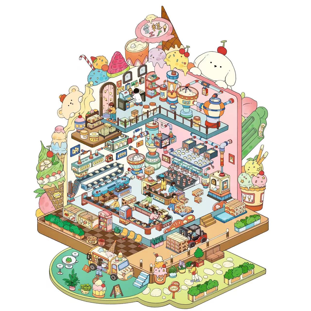 3D Sticker Scene DIY Puppy Ice Cream Factory Drift Bottle Village Apple Juice Factory