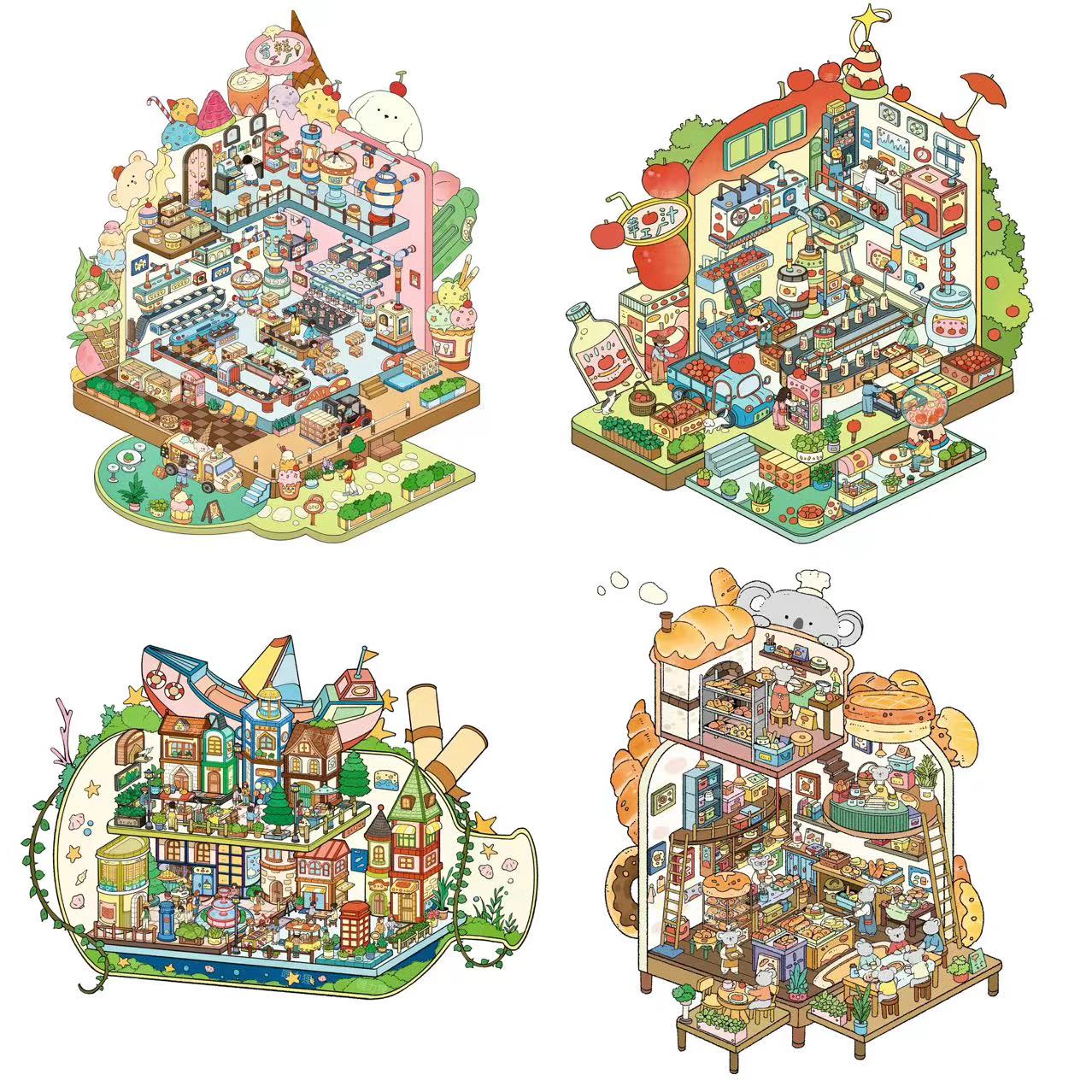 3D Sticker Scene DIY Puppy Ice Cream Factory Drift Bottle Village Apple Juice Factory